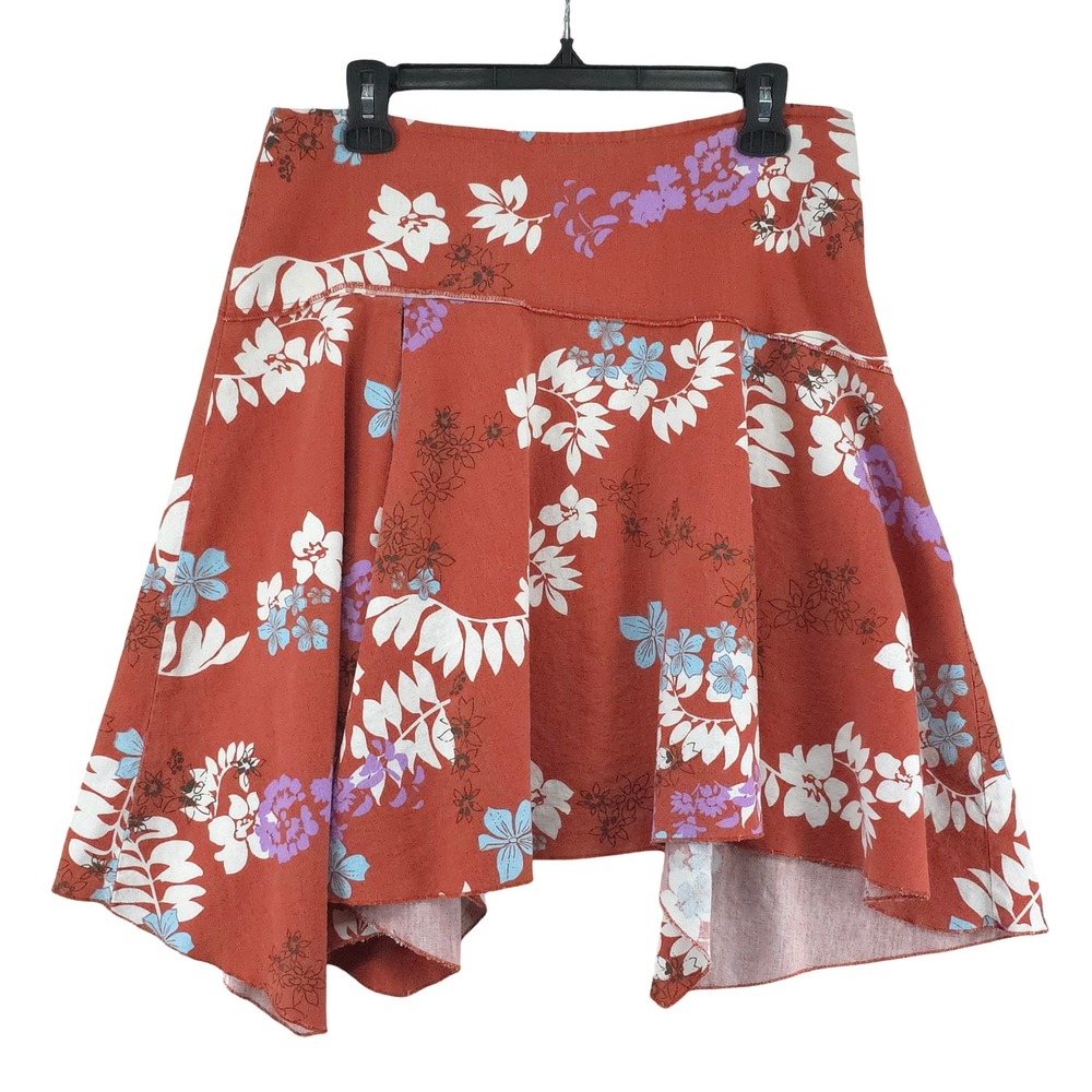 Boho Festival Y2K Hippie Floral Linen Blend Asymmetric Skater Skirt Womens 9